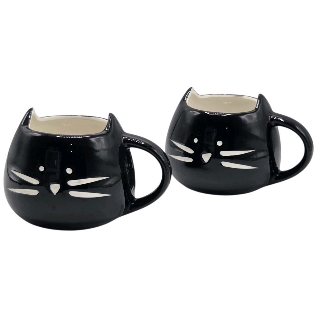 Set of 2 Black Kitty Cat Ceramic Coffee‎ Mug 14oz Cat Lovers Halloween